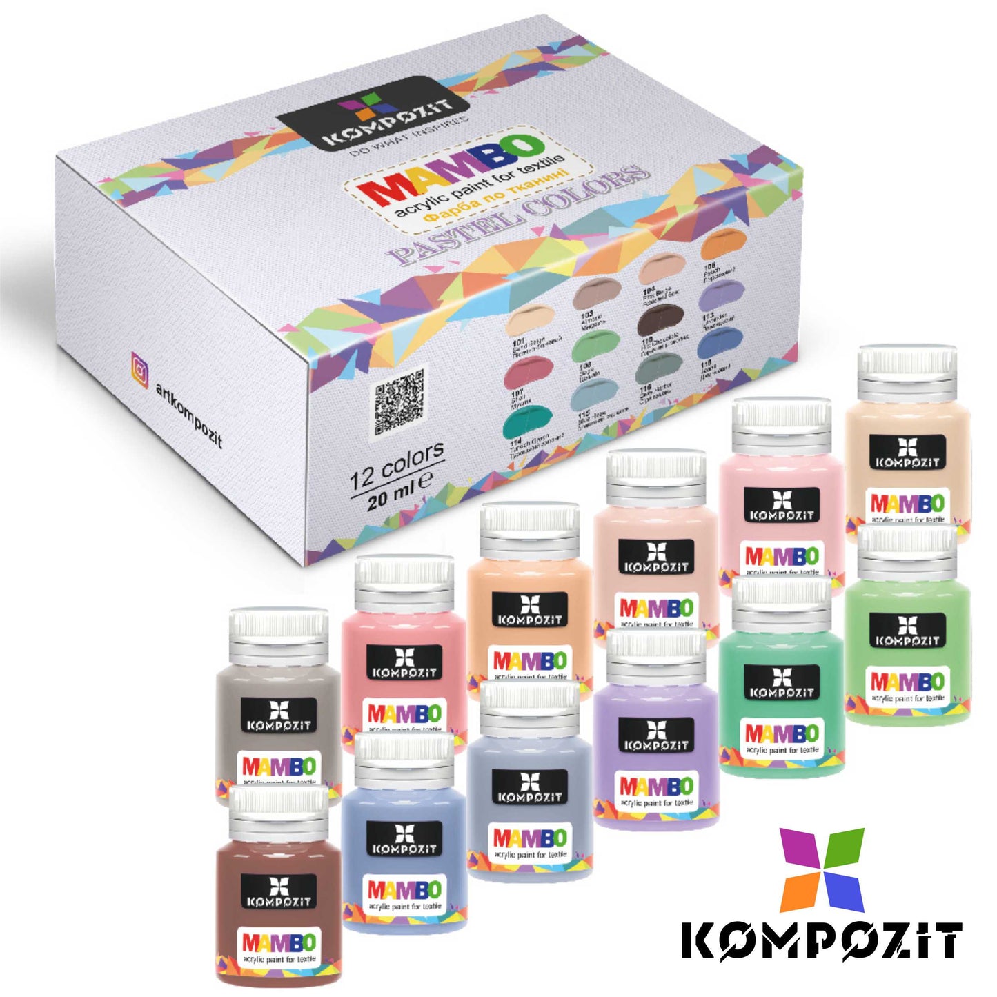 Set of colors for textiles and leather MAMBO Composite / Pastel colors 12 x 20 ml