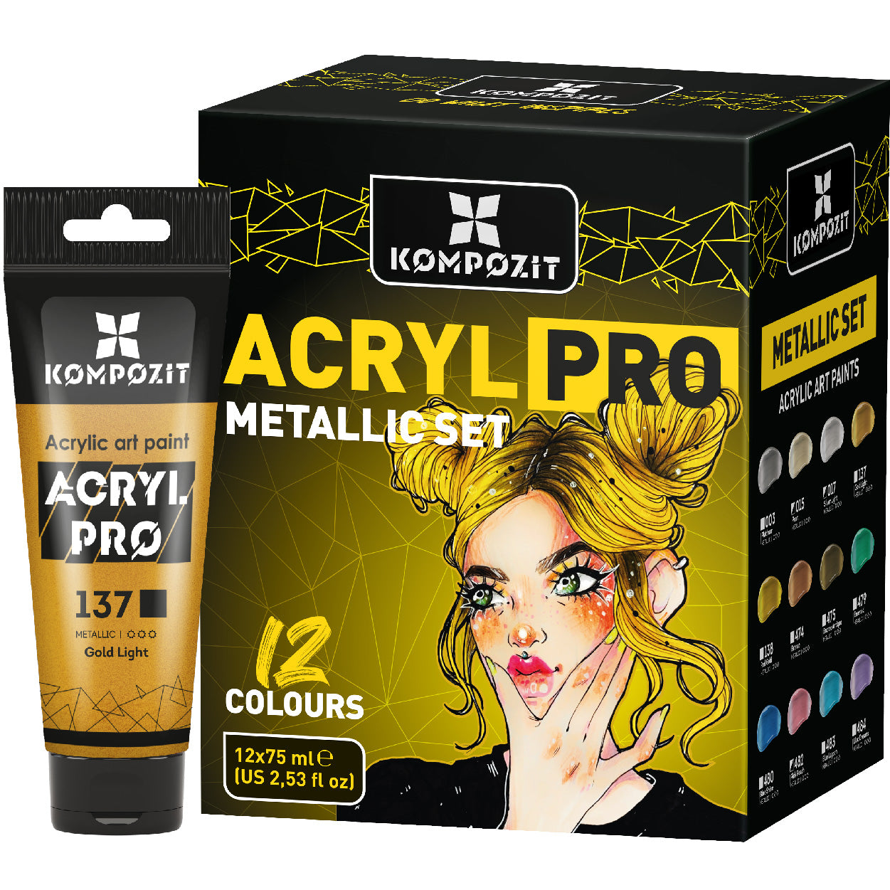Set of acrylic paints ACRYL PRO Kompozit METALLIC 12 x 75 ml