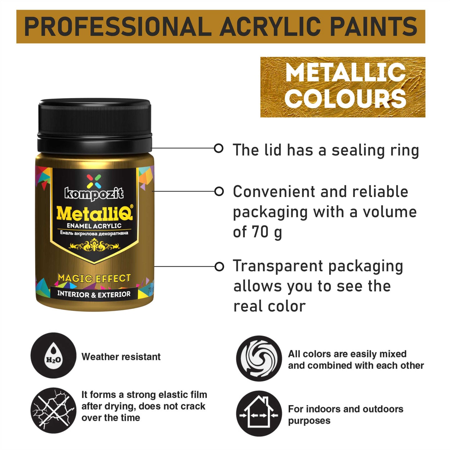 Metallic professional acrylic paints MetalliQ Kompozit 70 g / Various shades