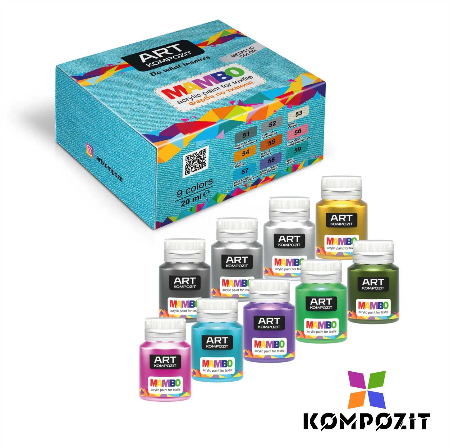 Set of colors for textiles and leather MAMBO Composite / Metallic colors 9 x 20 ml