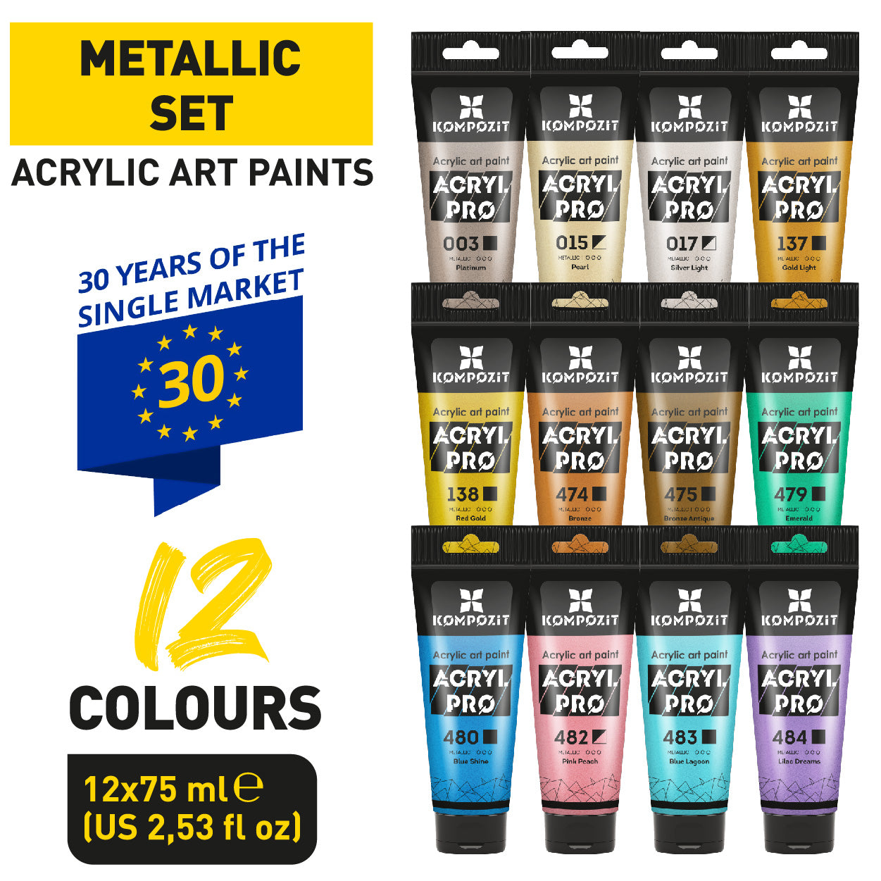 Set Acrylfarben ACRYL PRO Kompozit METALLIC 12 x 75 ml